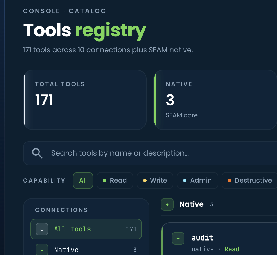 The SEAM Console Tools registry showing 171 tools across 10 connections plus 3 SEAM-native, with a capability filter for Read, Write, Admin and Destructive.